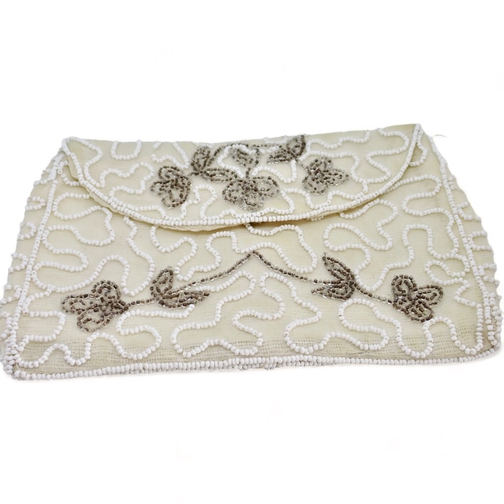 Belgium White Beaded Evening MCM Clutch Bag Seed Beads 6.5" x 4.5" Hand Made VTG